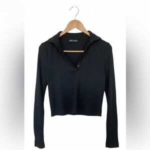 Zara Long Sleeve Ribbed Cropped Basic Polo Top Women’s Size Large